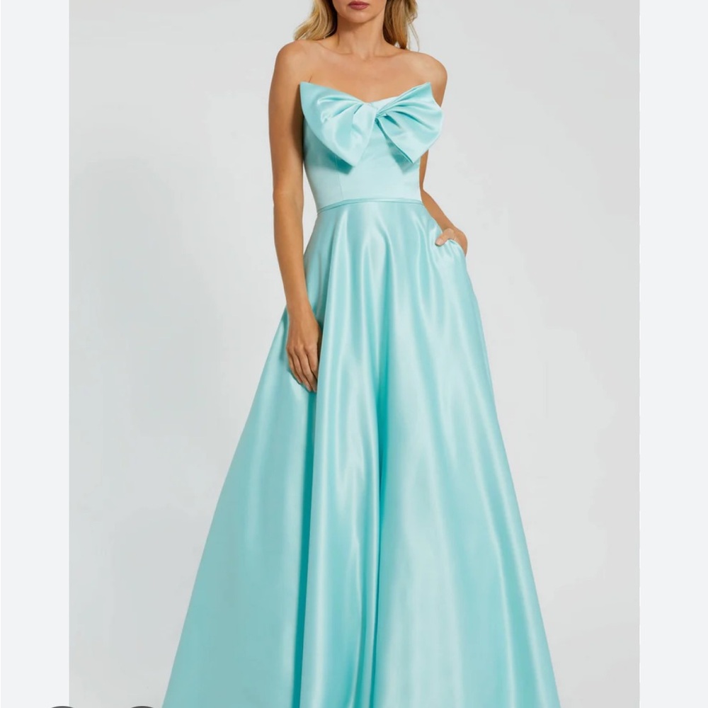 Mac Duggal Aqua Satin Dress with Bow Detail